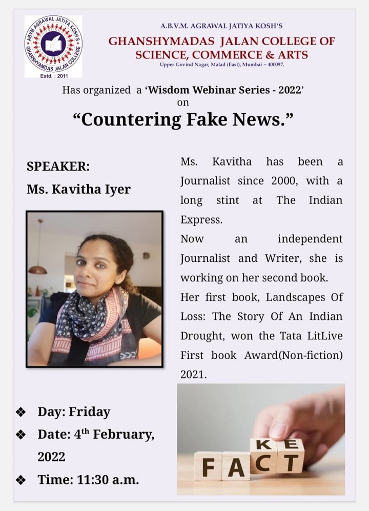 Wisdom Webinar Series on - "Countering Fake News" - By Ms. Kavitha Iyer