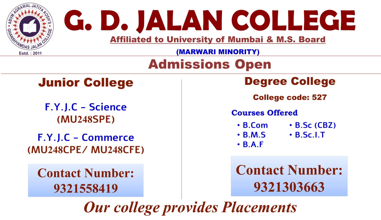 Admission open in degree college A.Y. 2024-25